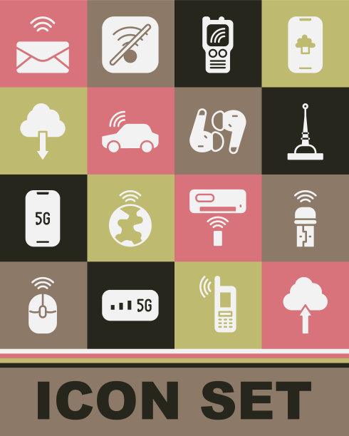 设置云上传，Usb无线适配器，天线，对讲机，智能汽车系统，下载，邮件和电子邮件和Air耳机图标。向量图片下载