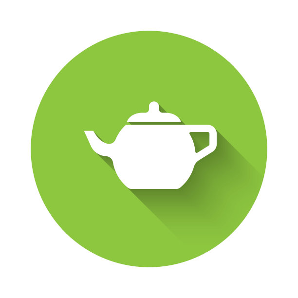白色是中国传统茶道的象征，带有长长的影子。茶壶和杯子。绿色圆圈按钮。向量图片下载