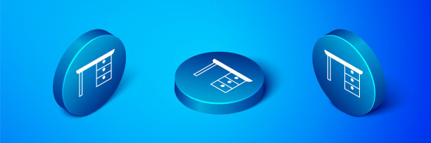 等距办公桌面图标孤立在蓝色背景。蓝色圆圈按钮。向量图片下载