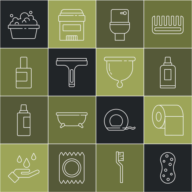 设置线海绵，卫生纸卷，清洁剂瓶，碗，橡胶清洁剂，盆与肥皂水和月经杯图标。向量图片下载