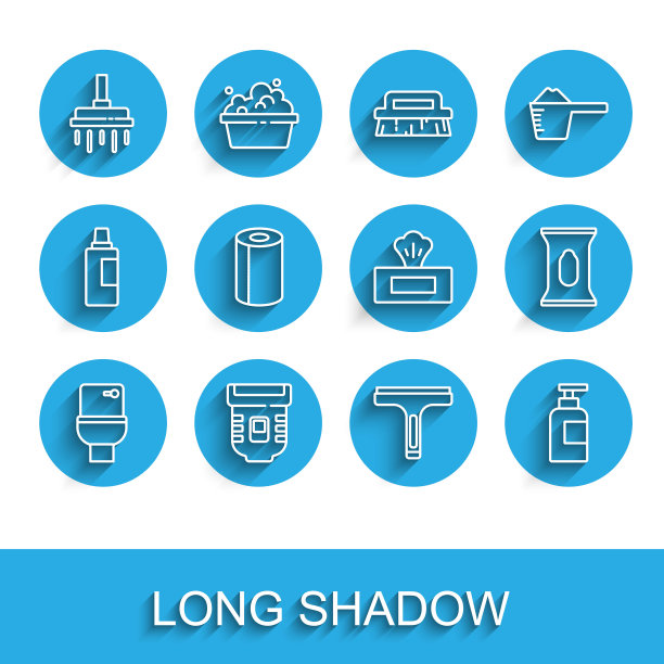 设置线马桶，脱毛器，淋浴头，橡胶清洁剂，一瓶洗发水，纸巾卷，湿纸巾包和图标。向量图片下载