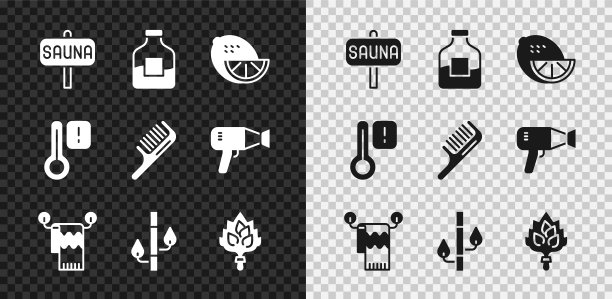 设置桑拿，瓶伏特加，柠檬，毛巾衣架，竹子，扫帚，温度计和梳子图标。向量图片下载