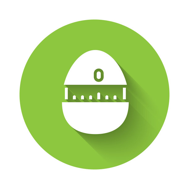 白色厨房定时器图标隔离与长阴影背景。烹饪用具。绿色圆圈按钮。向量图片下载