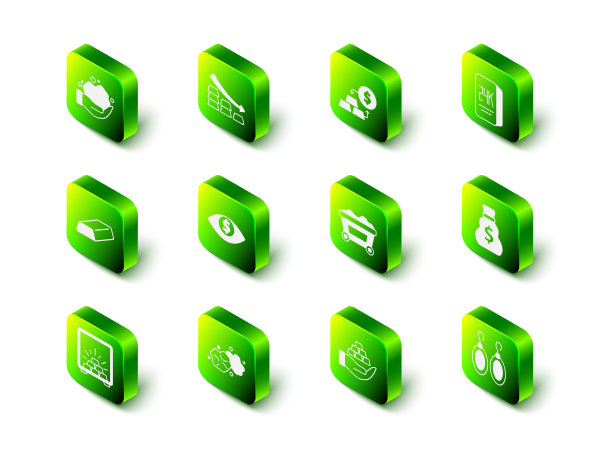 设置落箭与金条，黄金兑换货币，24k，旧包，耳环，矿车，手和金块图标。向量图片下载