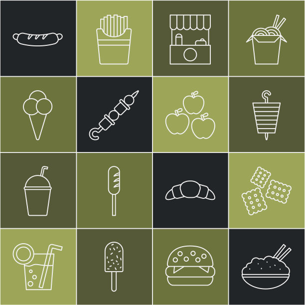 用筷子夹米饭，饼干，烤羊肉串，凉棚，冰淇淋华夫蛋筒，热狗三明治和苹果图标。向量图片下载