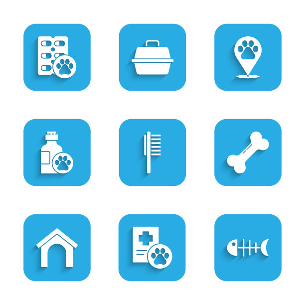 设置宠物瓶医疗，临床记录宠物，鱼骨架，狗骨头，房子，洗发水，位置兽医和药丸图标。向量图片下载
