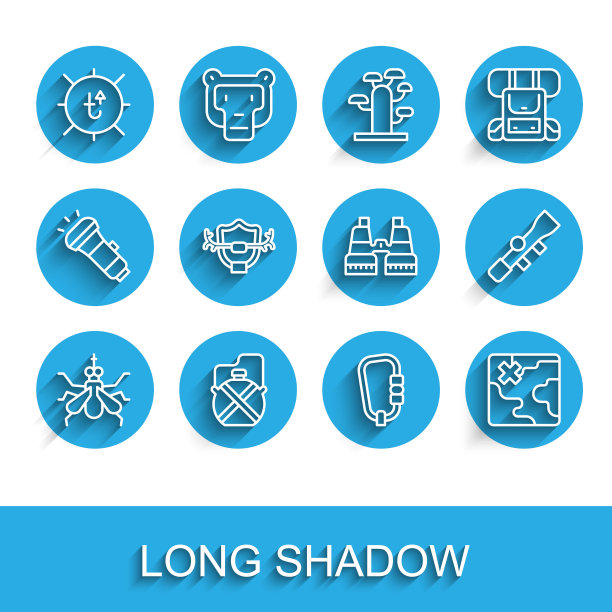 设定线蚊子，水壶，太阳，钩环，非洲狩猎地图，鹿角上的盾牌，狙击光学瞄准具和双筒望远镜图标。向量图片下载