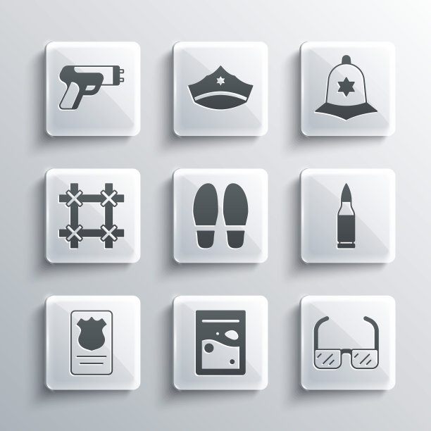 设置塑料袋毒品，安全护目镜眼镜，子弹，脚步，警察徽章与id案，监狱窗户，电击器和英国警察头盔图标。向量图片下载