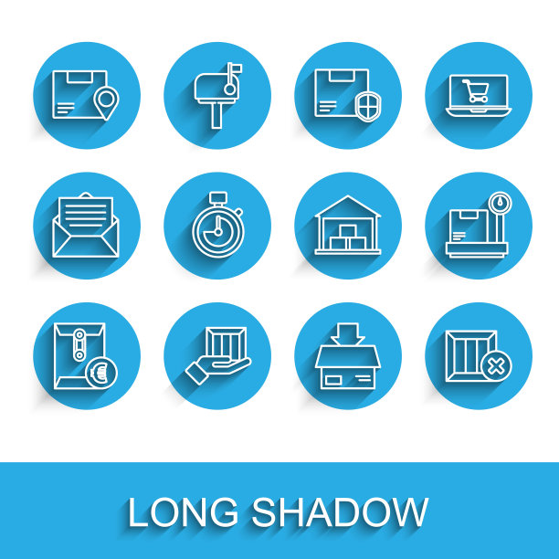 设置线信封与欧元符号，交付手盒，位置纸板，纸箱，木制删除，秒表，规模和仓库图标。向量图片下载