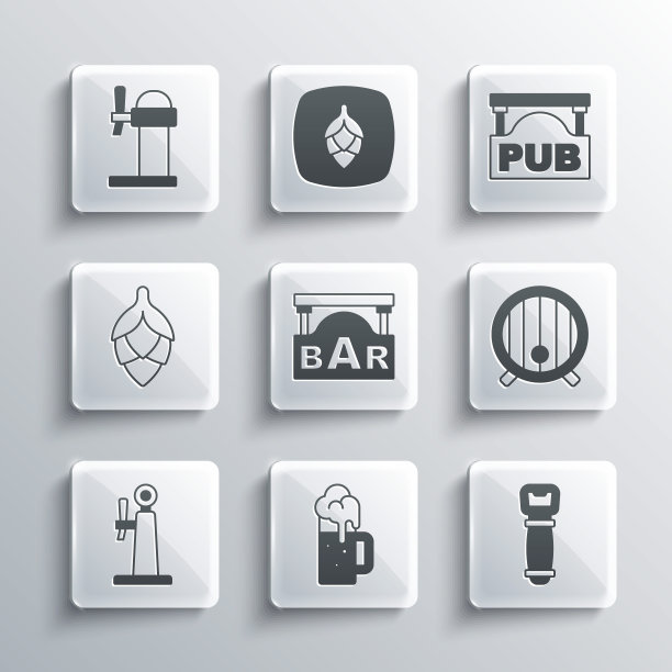 设置木制啤酒杯，开瓶器，桶，街招牌与酒吧，啤酒龙头，啤酒花，分配器和酒吧图标。向量图片下载