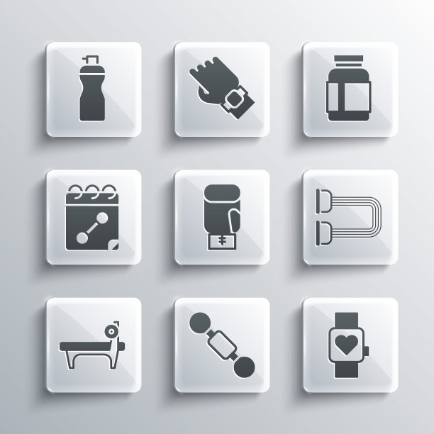 哑铃，智能手表，扩胸器，拳击手套，带杠铃的工作台，健身日历，健身摇瓶，运动营养图标。向量图片下载