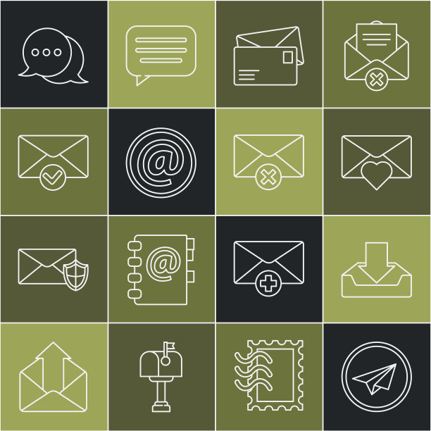 设置线纸平面，下载收件箱，情人节爱心信封，邮件和电子邮件，对号，语音气泡聊天和删除信封图标。向量图片下载