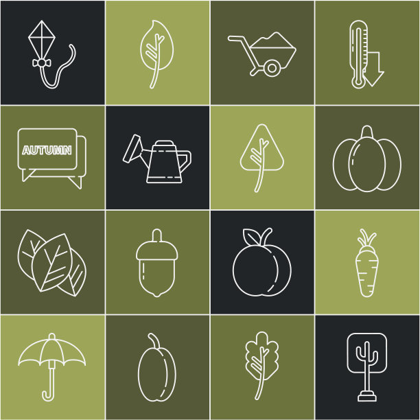 设置线树，胡萝卜，南瓜，手推车与污垢，喷壶，语音泡泡文本秋天，风筝和叶子或叶子图标。向量图片下载