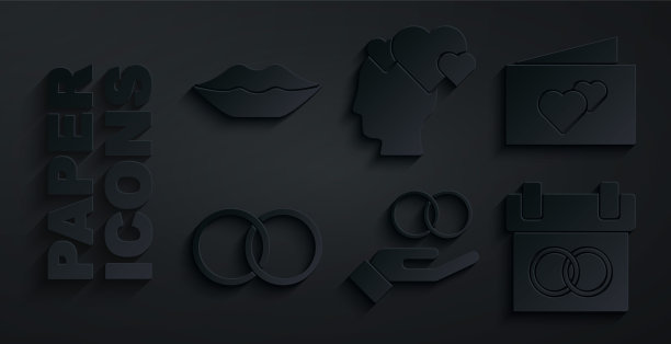 集结婚戒指，贺卡，日历，头部与心和微笑的嘴唇图标。向量图片下载