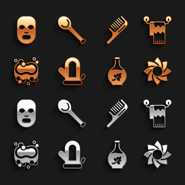 设置桑拿手套，毛巾在衣架上，花，精油瓶，肥皂条，梳子，面部美容面膜和勺子图标。向量图片下载