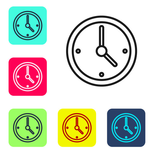 黑线时钟图标隔离在白色背景上。时间的象征。设置图标为彩色方框按钮。向量图片下载