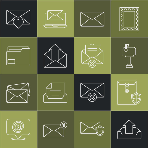 设置线上传收件箱，信封与盾牌，邮件，外发邮件，文档文件夹，情人节心和删除信封图标。向量图片下载