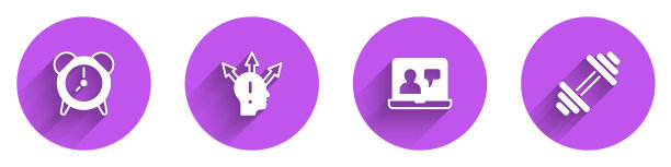 设置闹钟，项目组基地，在线教育和长影子哑铃图标。向量图片下载