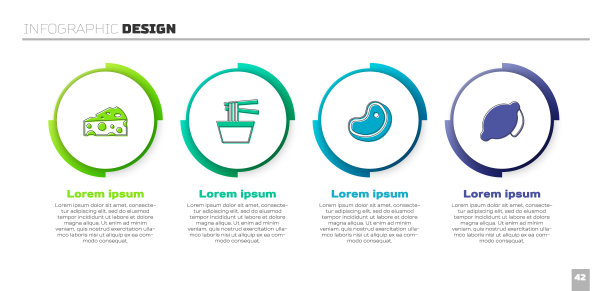 奶酪，亚洲面条，牛排和柠檬。业务信息图模板。向量图片下载