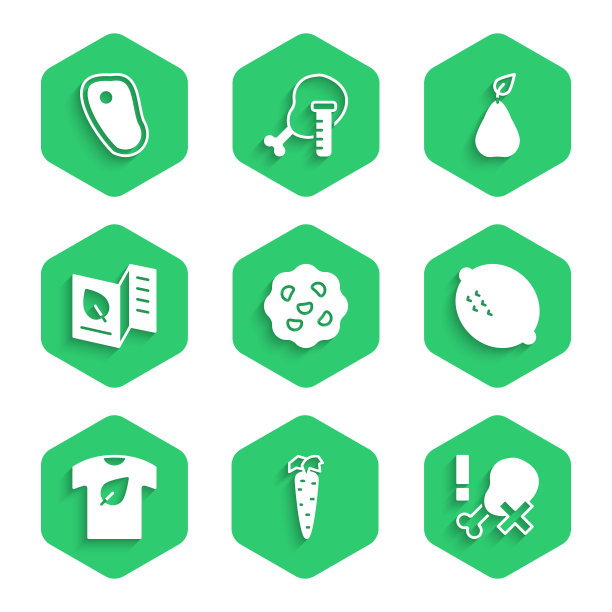 集饼干或饼干，胡萝卜，没有鸡腿，柠檬，素食衬衫，素食菜单，梨和牛排肉图标。向量图片下载