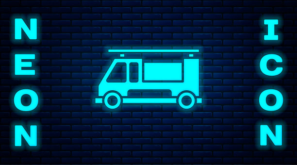 发光的霓虹灯消防车图标隔离在砖墙背景。消防车。救火车。向量图片下载