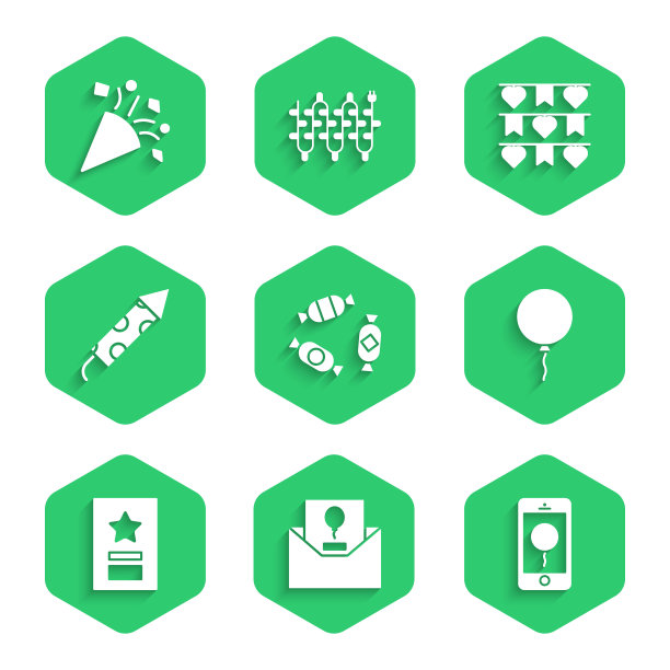 集糖果，邀请，移动与生日信息，气球彩带，贺卡，烟花火箭，嘉年华花环旗帜和节日彩纸图标。向量图片下载