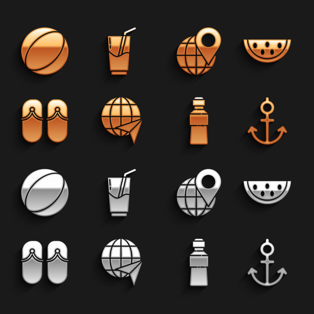 与飞行的飞机，西瓜，锚，一瓶水，人字拖，位置的地球，沙滩球和鸡尾酒和酒精饮料图标设置全球。向量图片下载