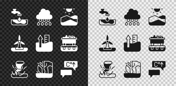 设置水的问题，云与雨，干旱，龙卷风，冰川融化，全球变暖，风力涡轮机和上升水位图标。向量图片下载