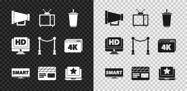 设置麦克风，复古电视，纸玻璃与水，屏幕智能视频，电影拍手，笔记本电脑明星，显示器高清和地毯屏障图标。向量图片下载