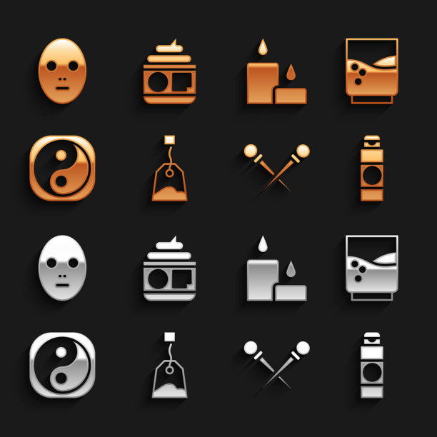 茶包，玻璃杯，水，霜或乳液化妆管，针织针，阴阳，燃烧的蜡烛，面膜和图标。向量图片下载