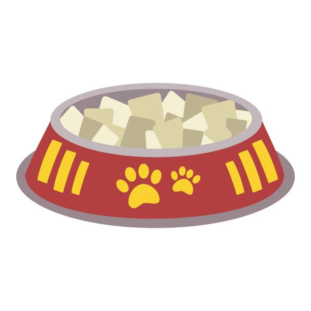 一个装着动物，猫，狗食物的碗，上面有爪子的标签。图片下载