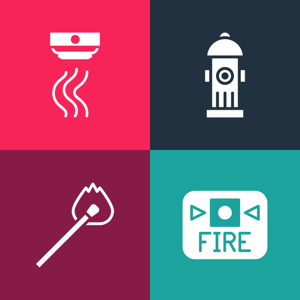 设置波普艺术火灾报警系统，燃烧匹配火，消火栓和烟雾图标。向量图片下载