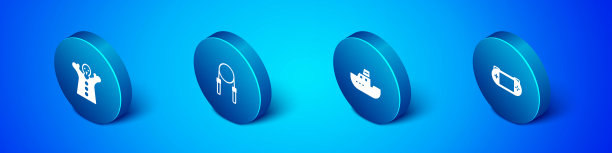 设置等距玩具玩偶在手，船，便携式视频游戏机和跳绳图标。向量图片下载