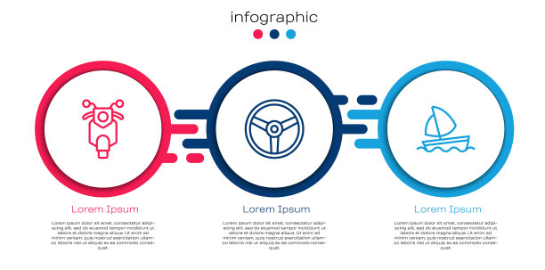 设置滑板车，方向盘和游艇帆船。业务信息图模板。向量图片下载