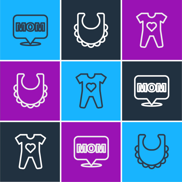 集台词泡泡妈妈，宝宝衣服和围嘴图标。向量图片下载