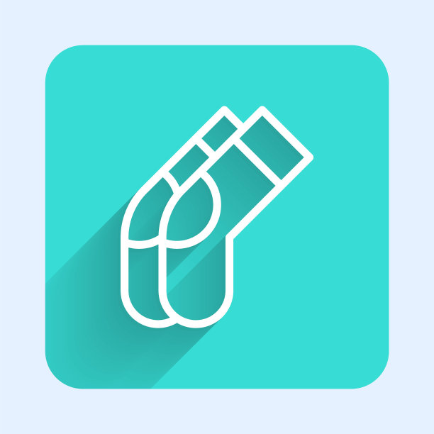 白色线条袜子图标隔离与长阴影背景。绿色方形按钮。向量图片下载