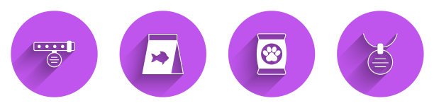 设置项圈与名牌，食物为鱼，食品宠物袋和图标与长影子。向量图片下载