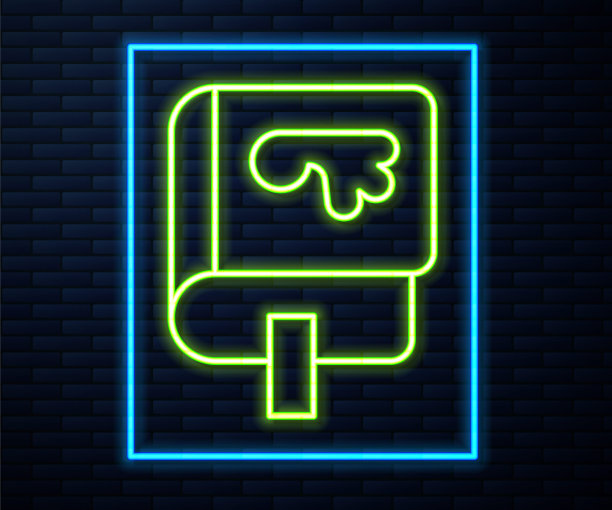 发光的霓虹灯线维京书图标隔离在砖墙背景。向量图片下载