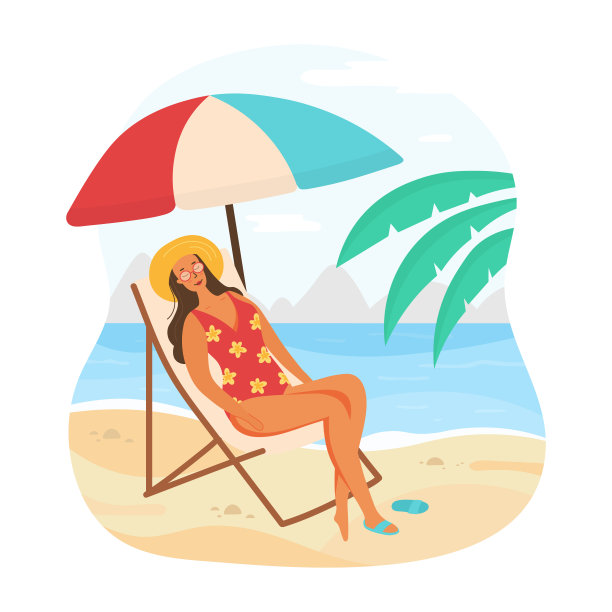 穿着泳装的女人躺在海边的躺椅上晒太阳。美丽的女孩在条纹伞下放松。暑假或豪华假期。平面矢量图。图片下载