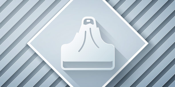 剪纸火山图标孤立的灰色背景。纸艺术风格。向量图片下载