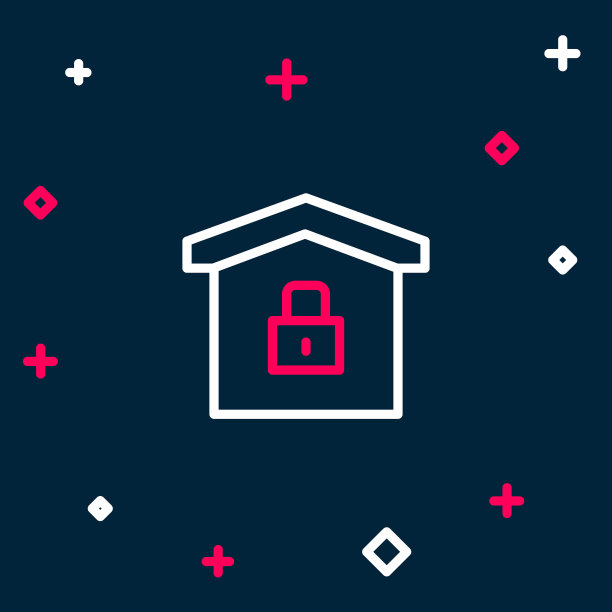 Line House在保护图标隔离在蓝色背景上。家和锁。保护、安全、保障、保护、防御的理念。彩色轮廓概念。向量图片下载