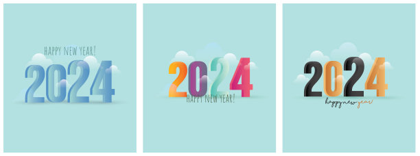 五颜六色的2024年新年封面横幅。2024年新年。2024年新年数字用渐变彩色横幅。2024年新年快乐标志文字封面照片设计。编号设计模板。三个职位。图片下载