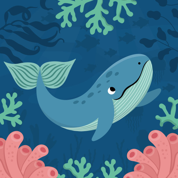 矢量下的海洋景观插图与蓝鲸和珊瑚。有沙子、海藻、珊瑚礁的海洋生物场景。可爱的方形水自然背景。儿童水上图片图片下载