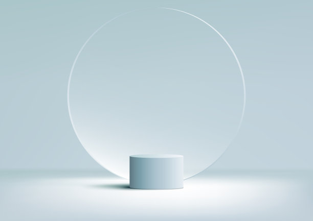 3D逼真的产品显示蓝色讲台基座与透明圈玻璃背景最小的墙壁场景在蓝色背景图片下载
