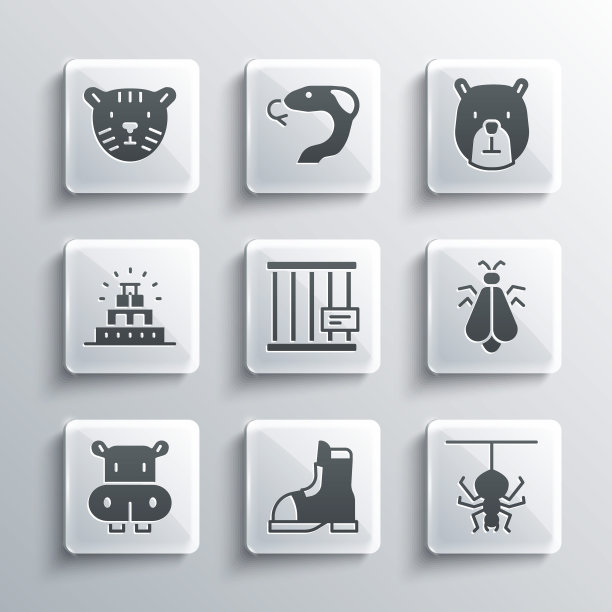 集猎人靴子，蜘蛛，蚊子，动物笼子，河马或河马，Chichen Itza在玛雅，虎头和熊的图标。向量图片下载