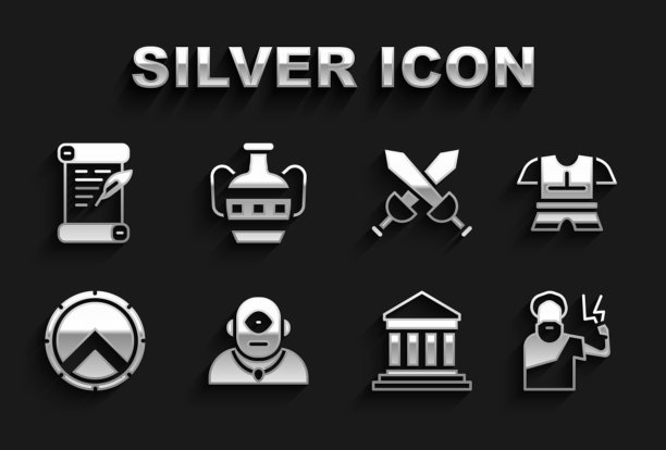 设置独眼巨人，防弹衣，宙斯，帕台农，希腊盾牌，中世纪剑，法令，羊皮纸，卷轴和古代双耳罐图标。向量图片下载