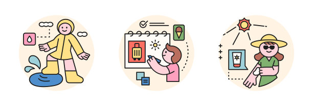 人们喜欢夏天。轮廓风格人物设计。一个穿雨衣的孩子，一个记录旅行的男孩，一个在手臂上涂防晒霜的女孩。图片下载