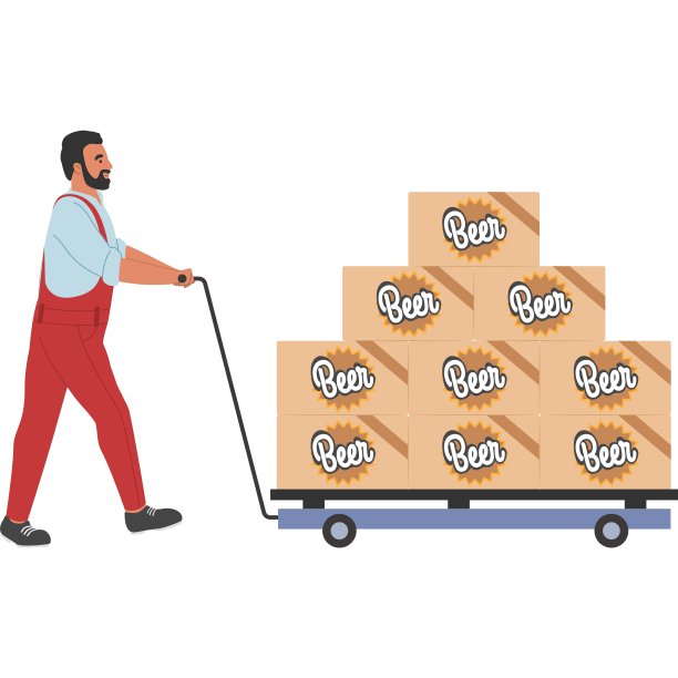 啤酒厂图标矢量人推手推车与啤酒箱图片下载