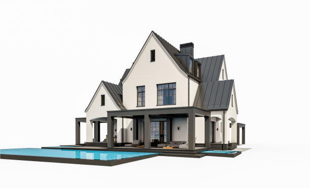 白色和黑色的现代都铎式房子孤立在白色的3d渲染图片下载