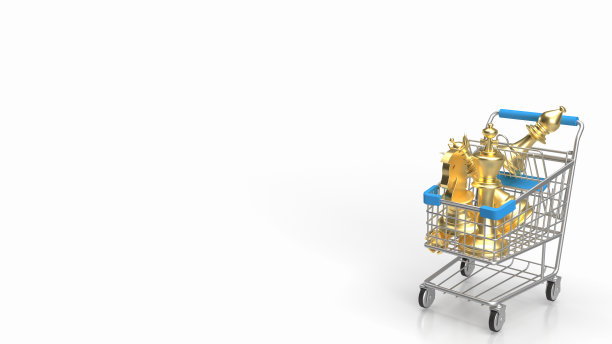 在白色背景3d渲染购物车的黄金象棋图片下载
